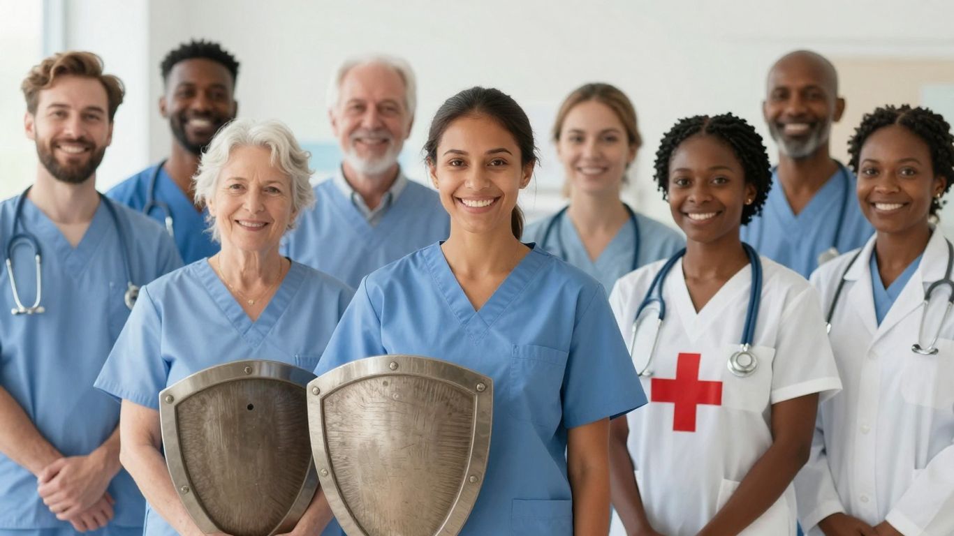 People with shield and medical cross, symbolizing health insurance.