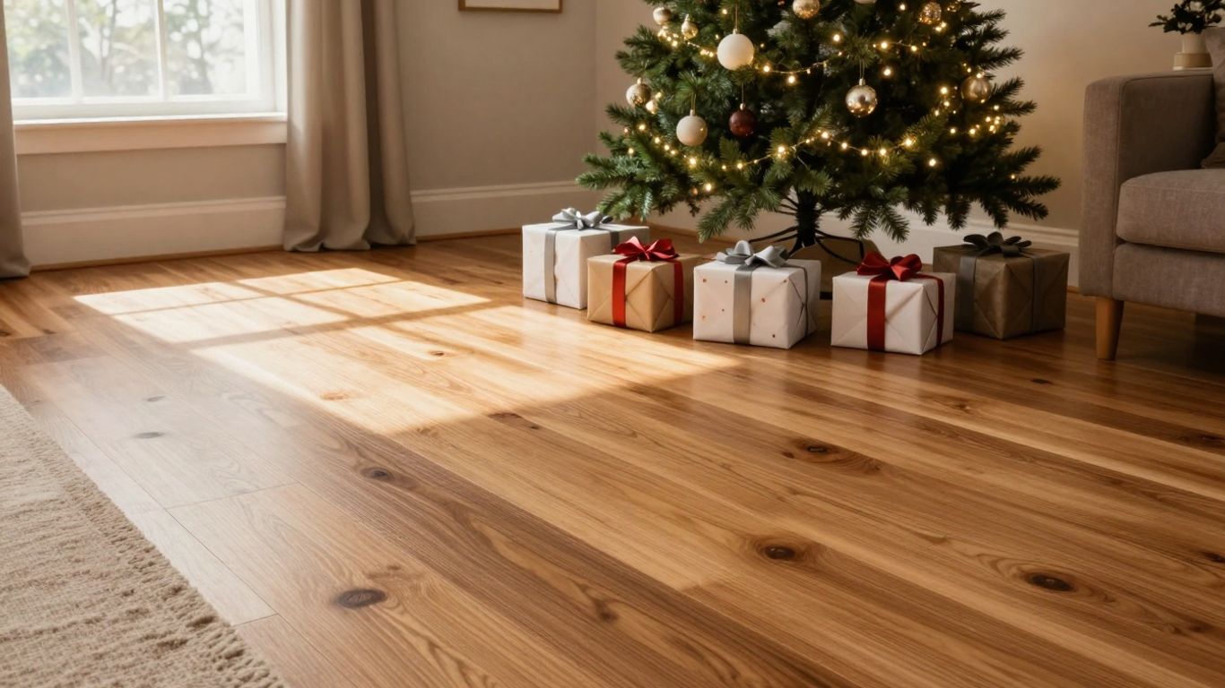 Cozy living room with new hardwood floors and holiday decorations.