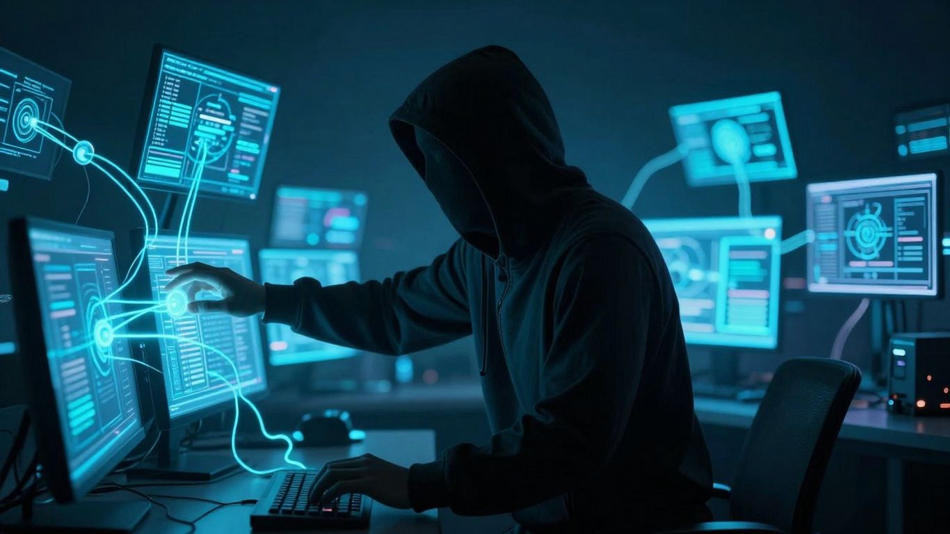 Network of computers controlled by a shadowy figure.