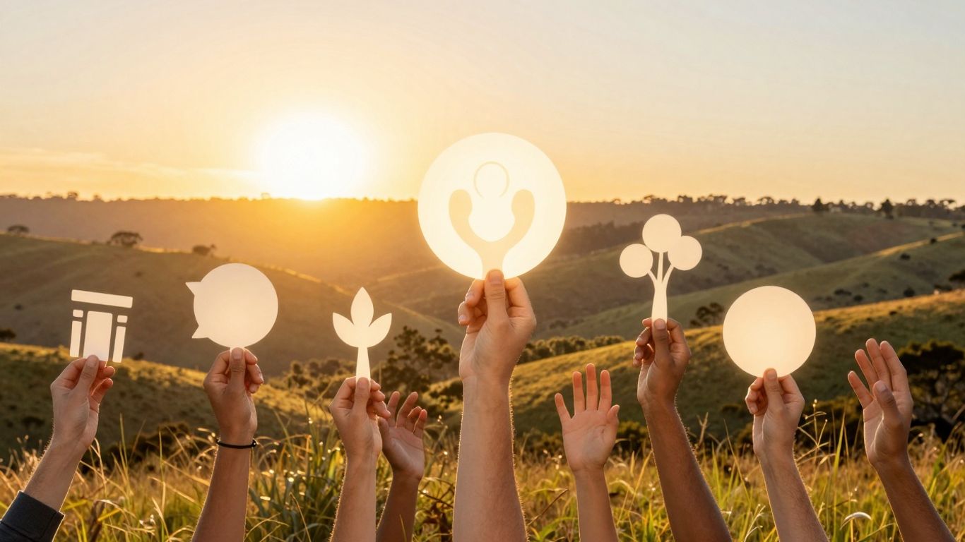 Australian landscape with hands reaching for glowing opportunities.