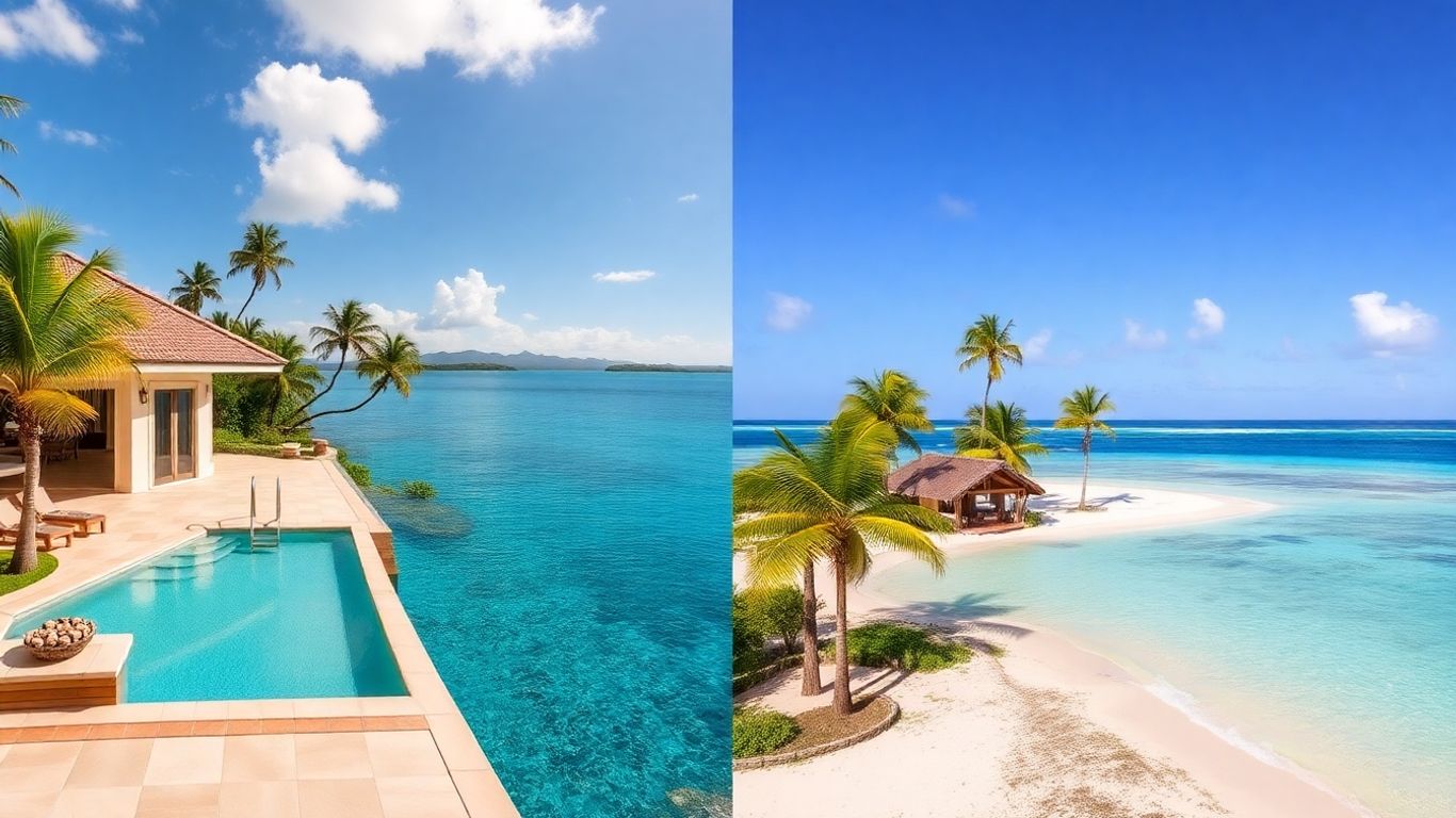 Split image: luxury villa vs. beachfront bungalow, tropical islands.