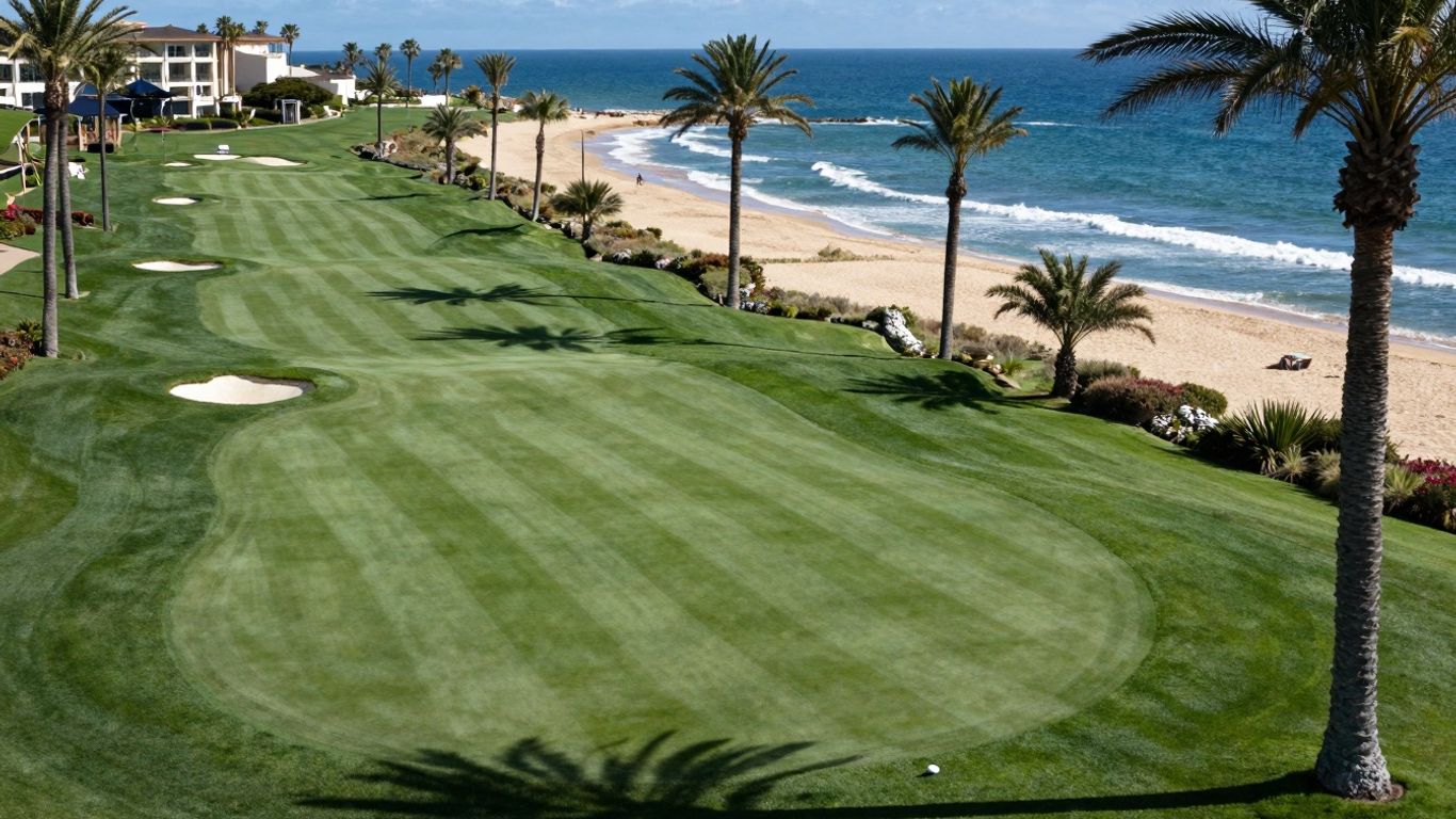 Resort golf course meets Pacific Ocean with palm trees.
