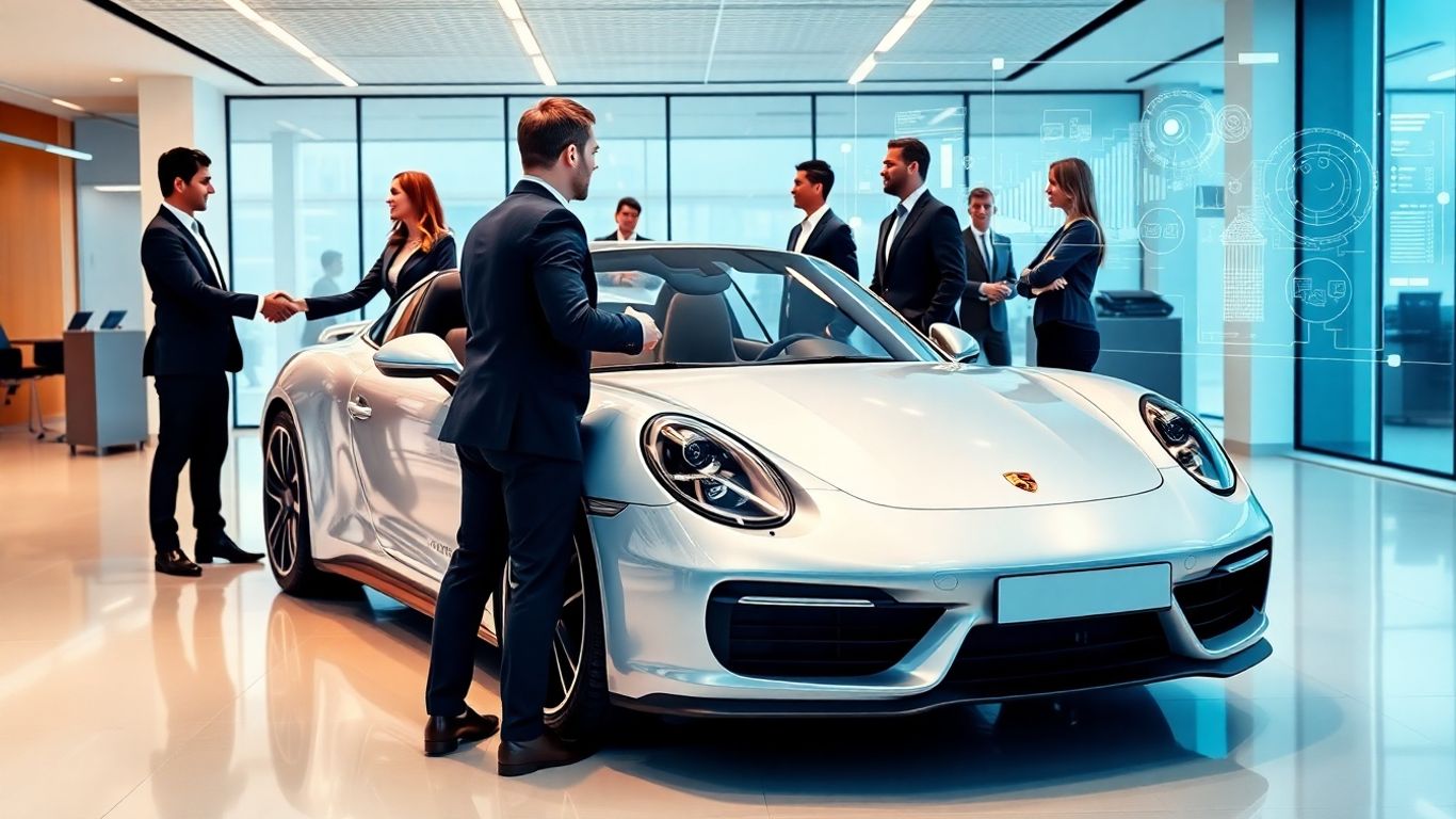 Porsche car with engineers and digital experts in office.