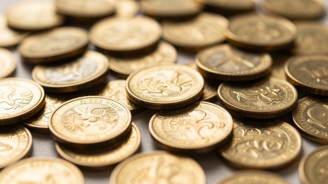 Pile of shiny gold coins, close-up.