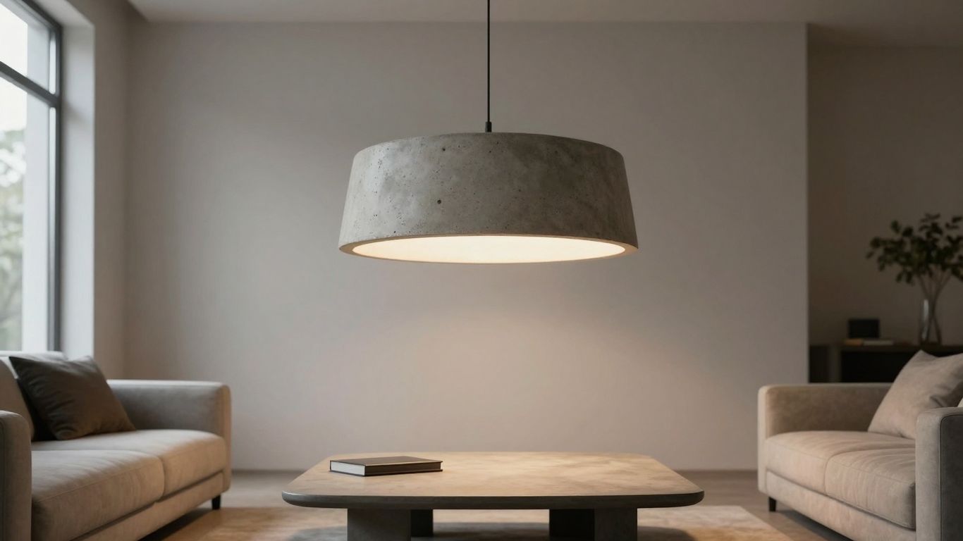 Concrete pendant light fixture illuminating a modern living room.