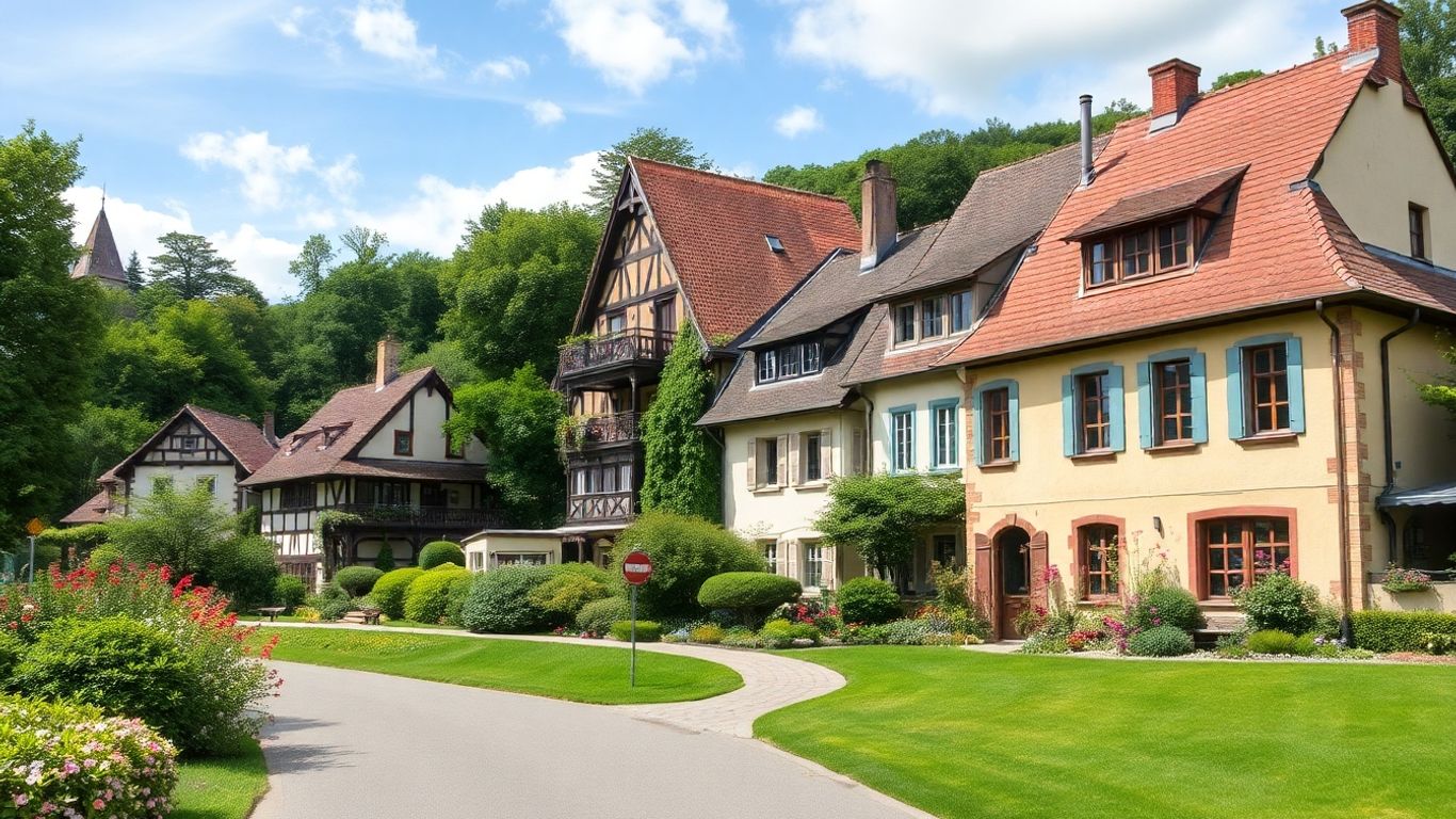 Künstlerdorf Grötzingen mit traditioneller Architektur und Grünflächen