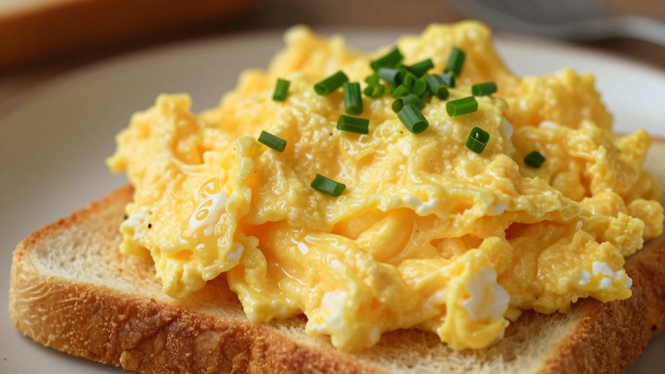 Scrambled eggs on toast with chives.