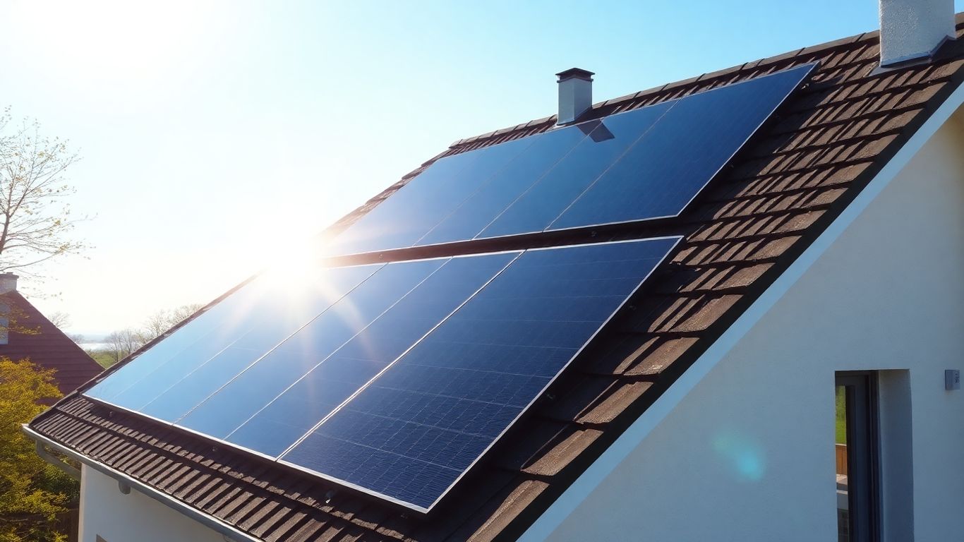 Panneaux solaires sur un toit ensoleillé en France.