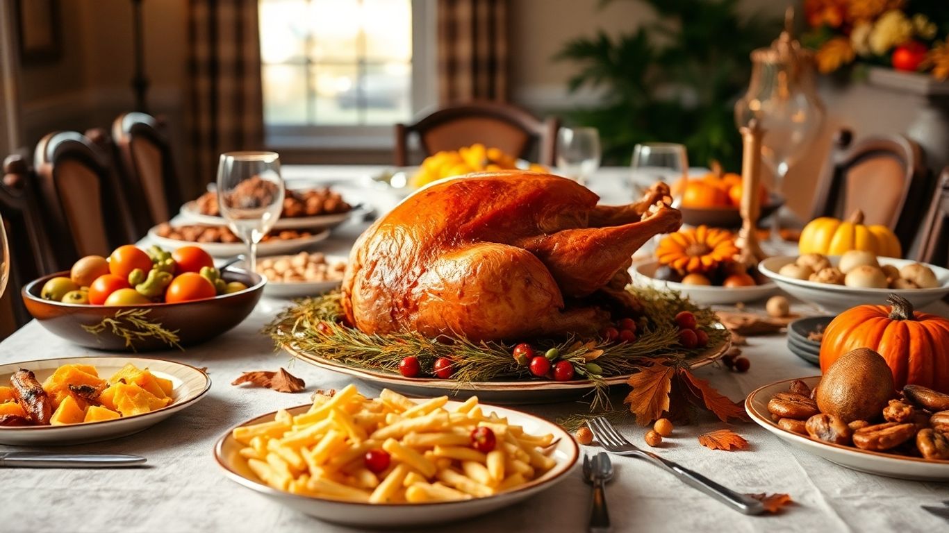 Thanksgiving dinner table with turkey and side dishes.