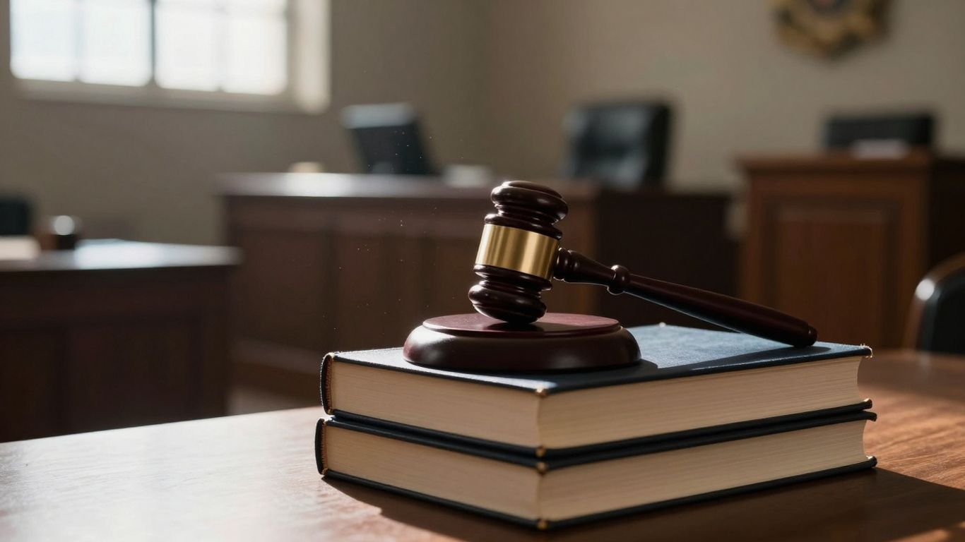 Gavel on books in a courtroom.