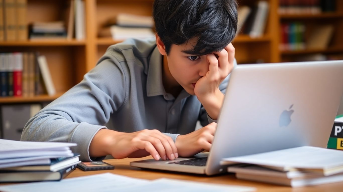 Student studying for PTE exam on laptop.