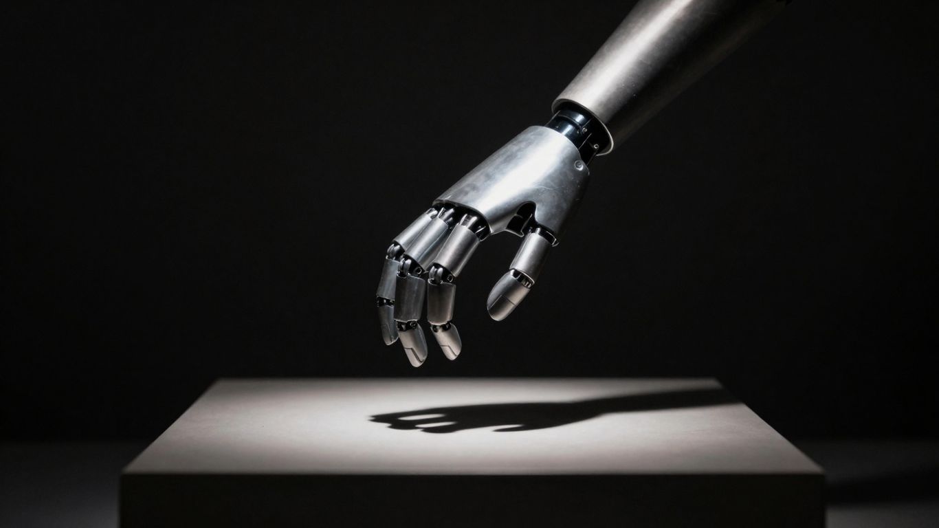 Robotic hand over empty pedestal, suggesting AI ownership void.