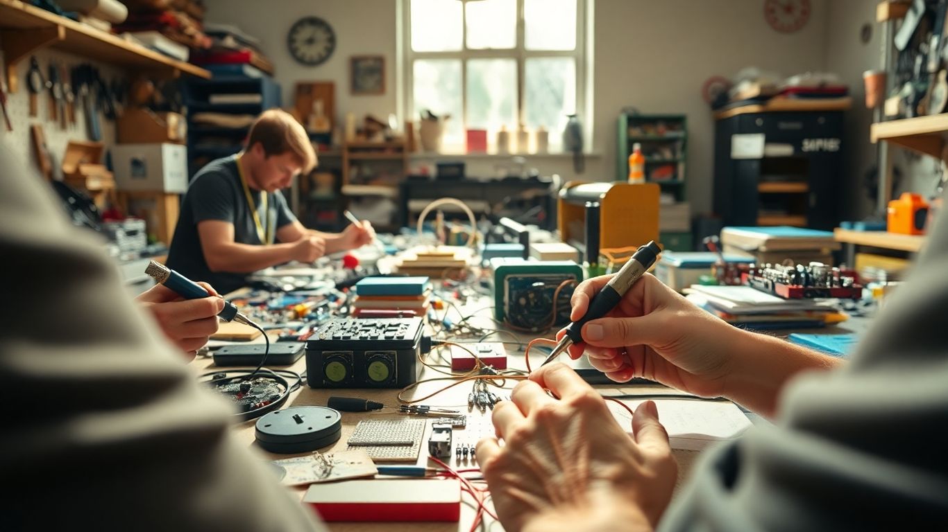 Makers working on prototypes in a bright workshop.