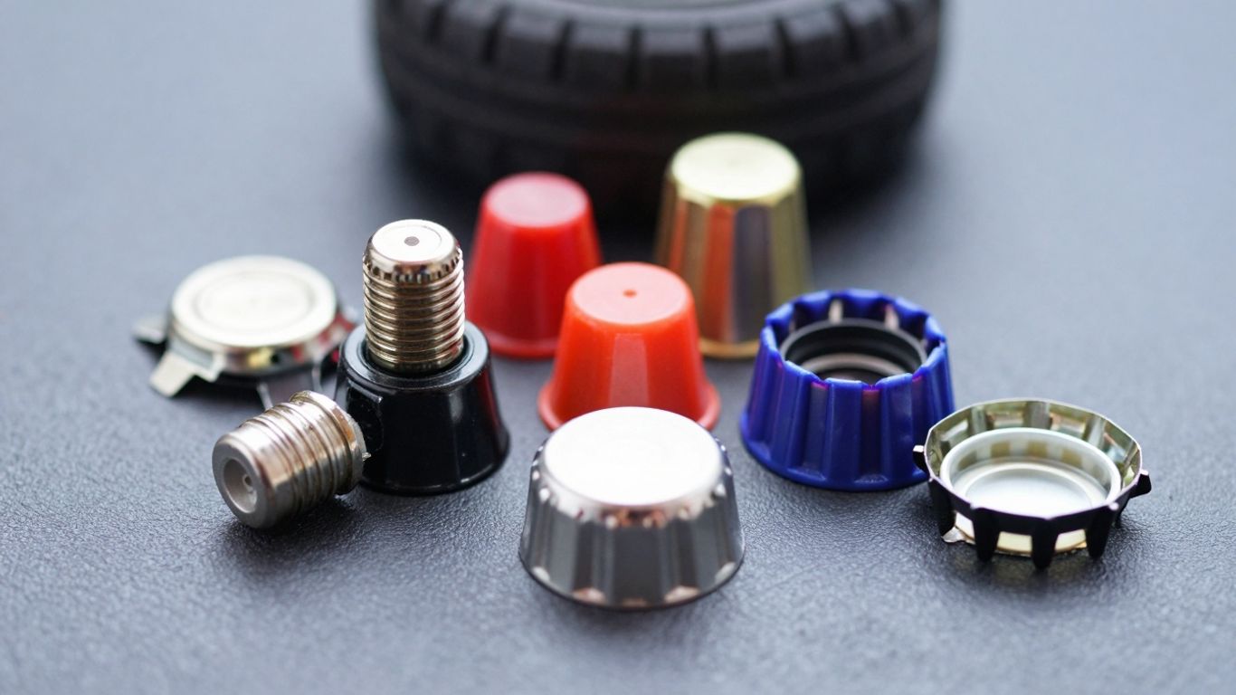 Colorful tire valve caps on a dark surface.