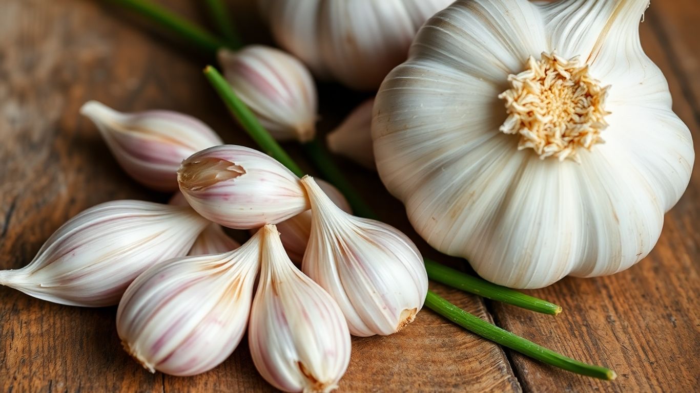 Fresh garlic cloves and bulb on a wooden surface.