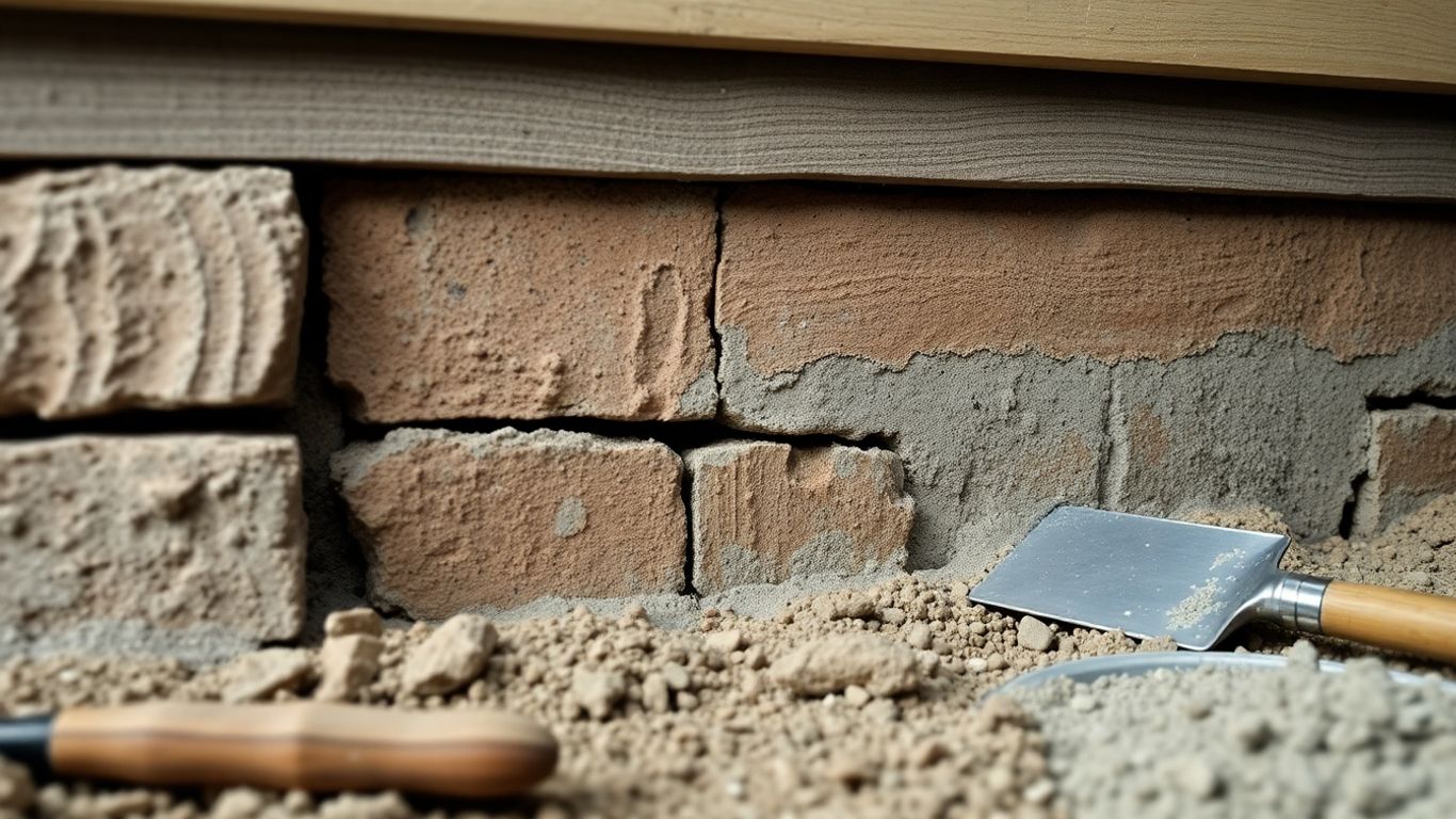House foundation repair process with tools and materials.