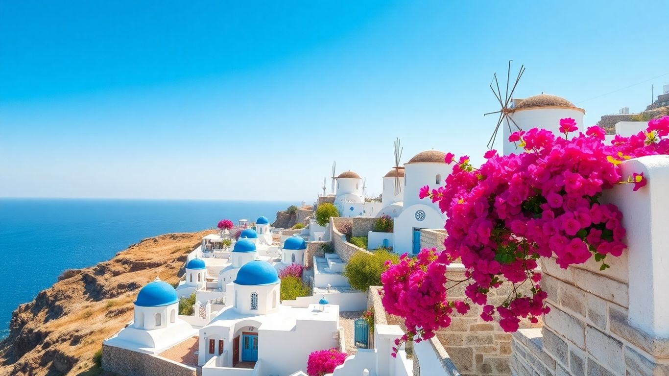 Whitewashed village overlooking the Aegean Sea in Mykonos.