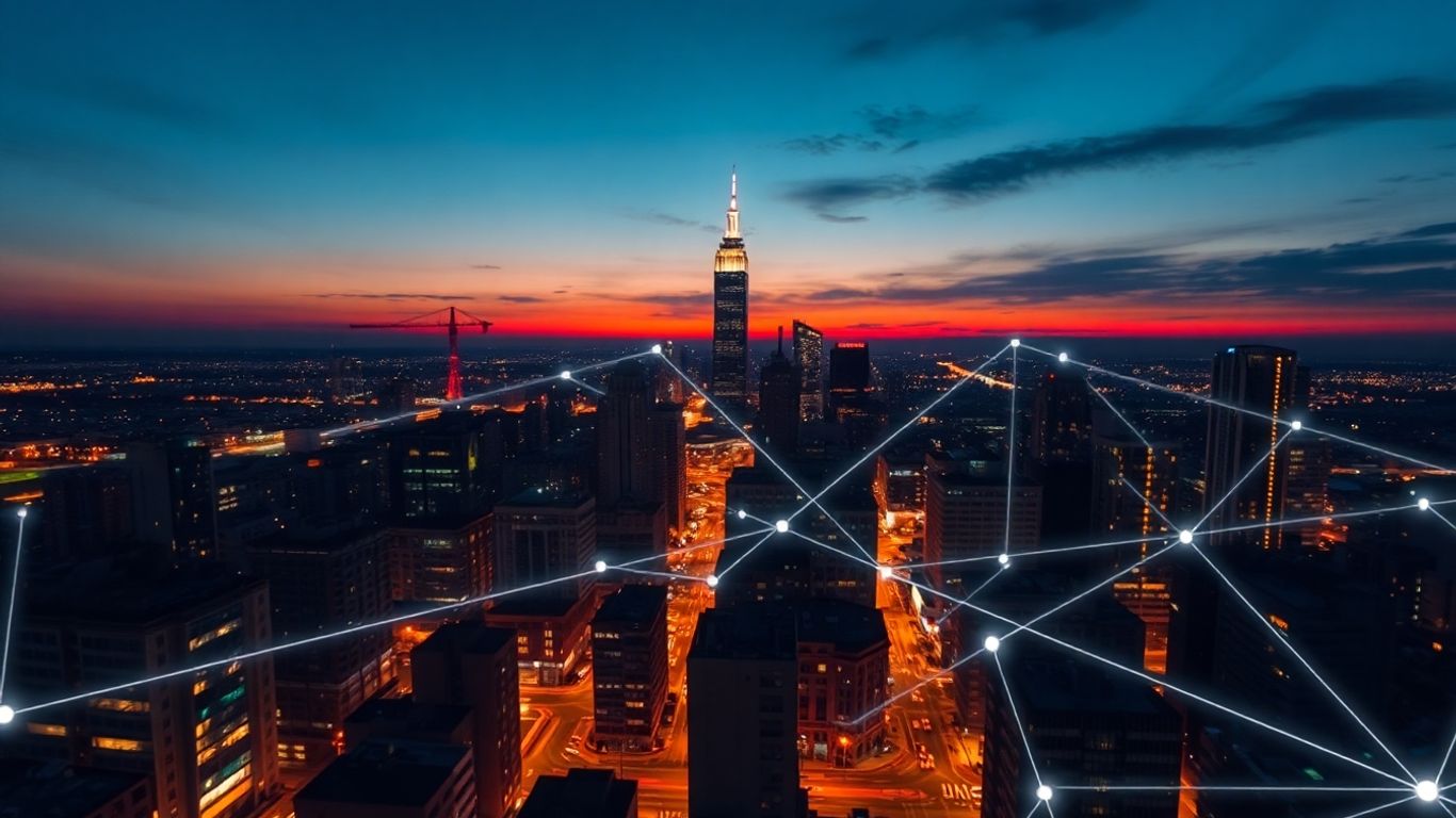 Cityscape with glowing energy connections