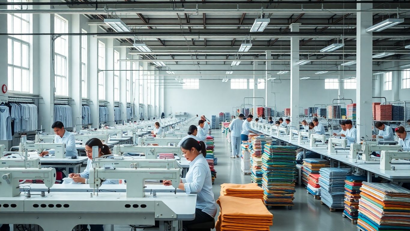 Garment factory interior with sewing machines and fabric.