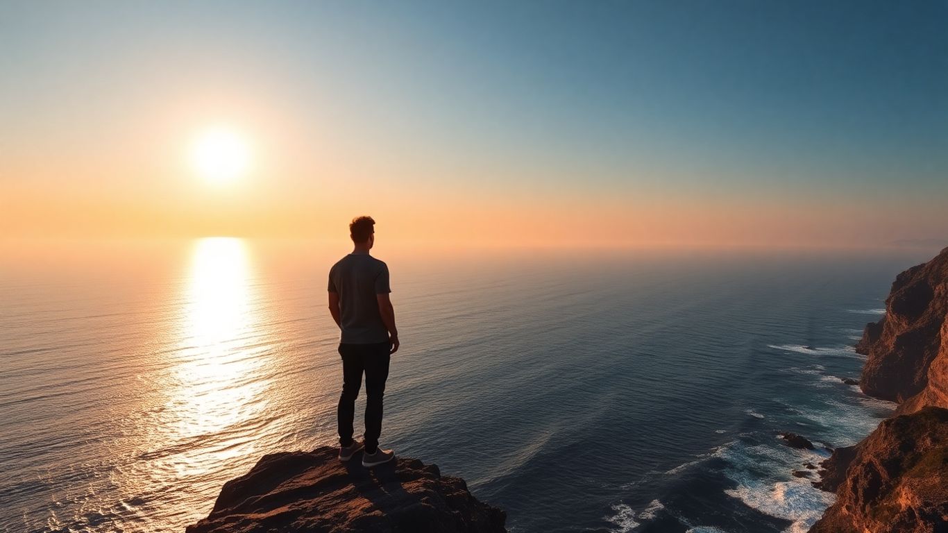 Person looking at sunrise over ocean horizon.