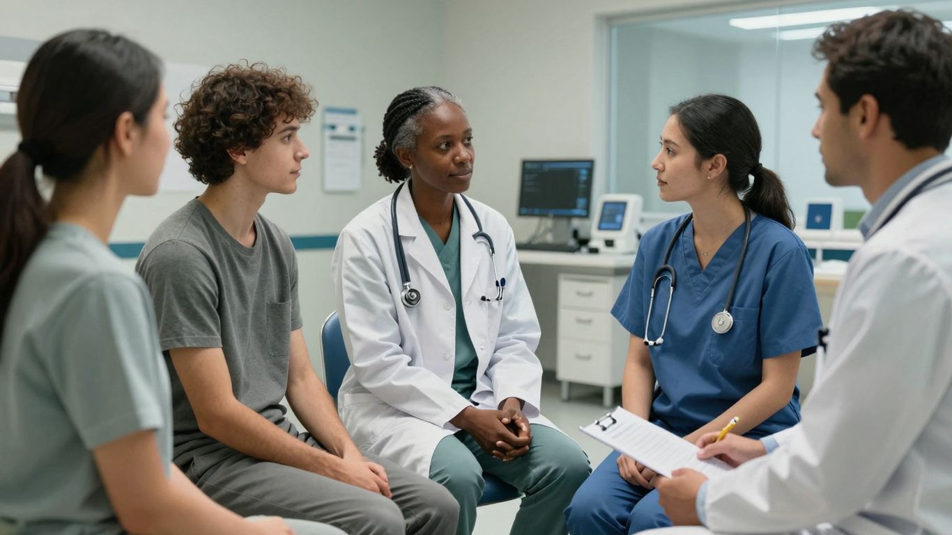 Oameni primind îngrijiri medicale într-o clinică modernă.