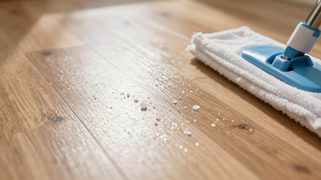 Sparkling clean floor with salt crystals and mop.