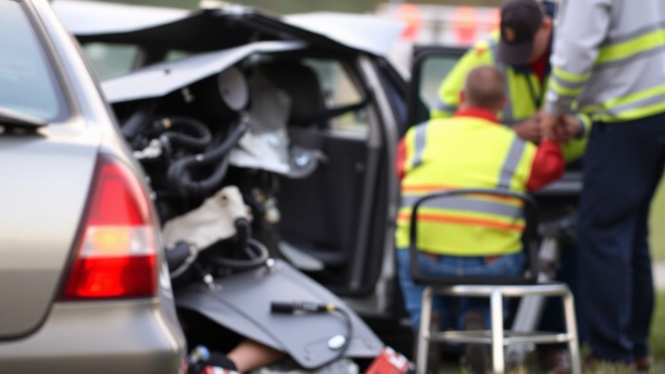 Car accident aftermath with injured person receiving medical attention.