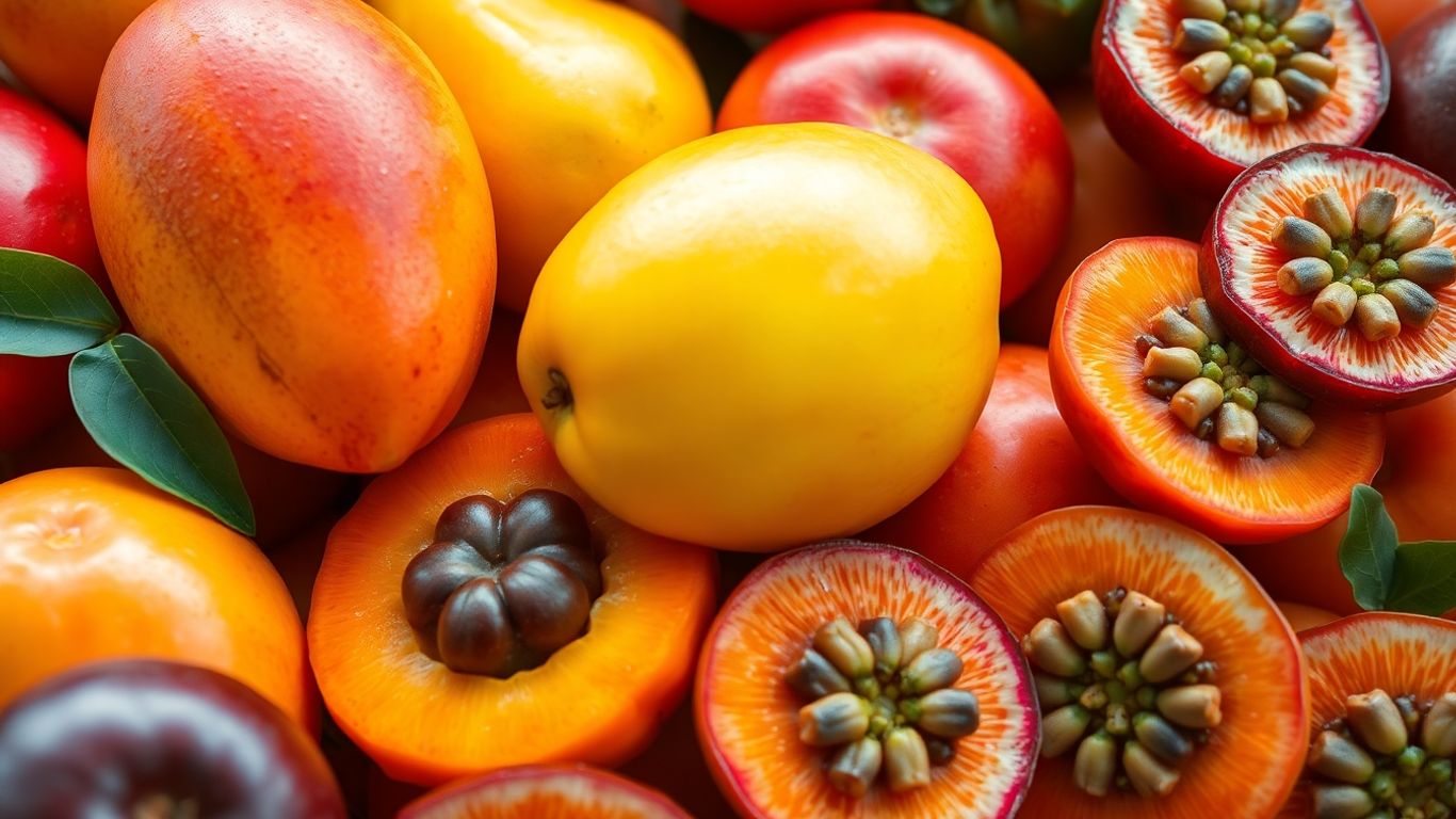 Frutas tropicais vibrantes e suculentas em close-up.