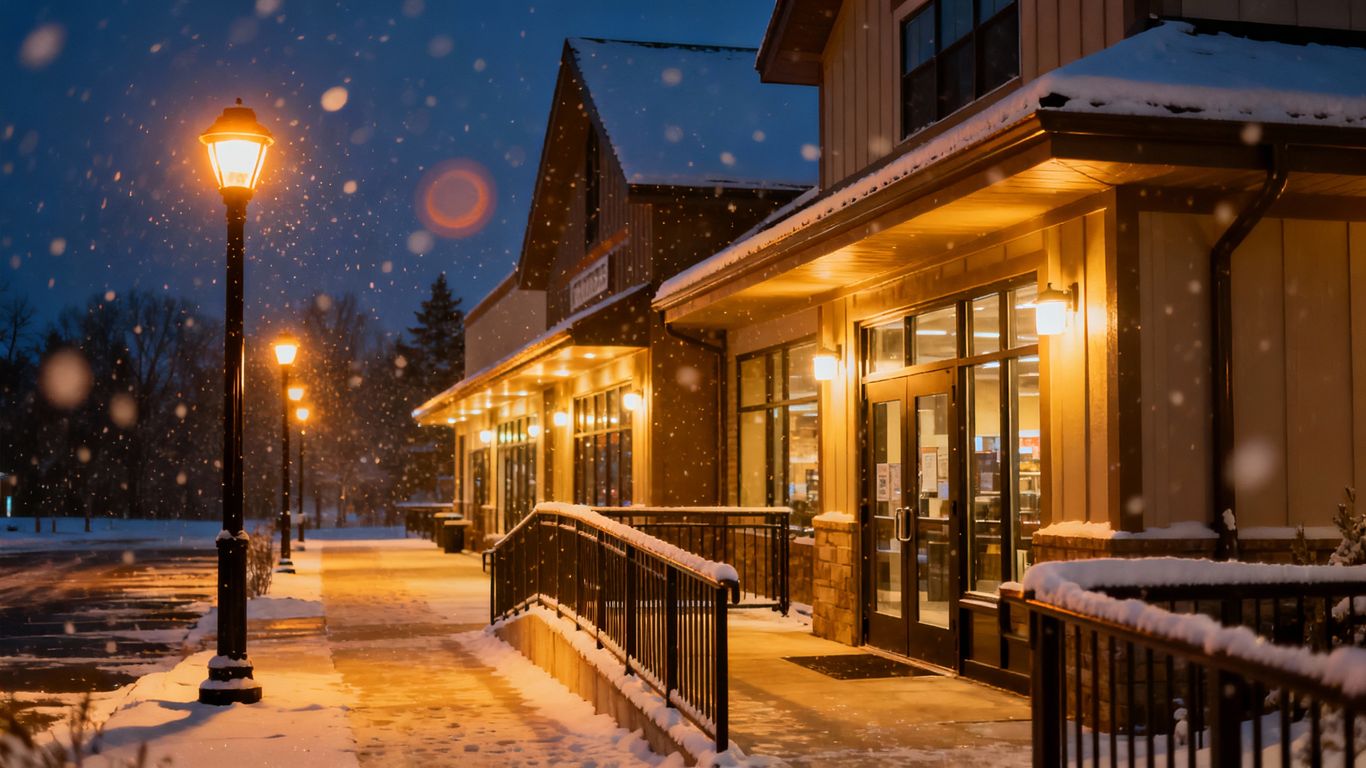 Winter commercial building exterior with warm lighting.