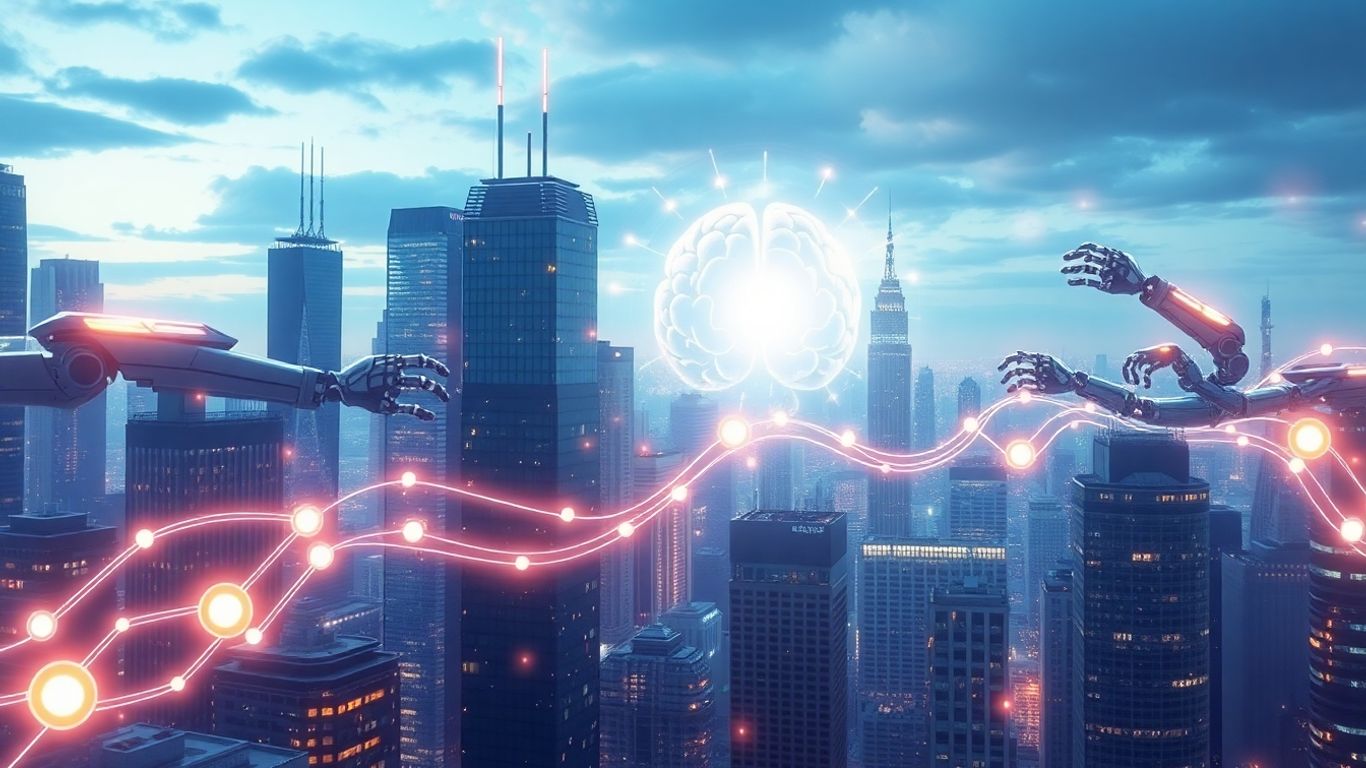 AI automating business processes in a futuristic city.