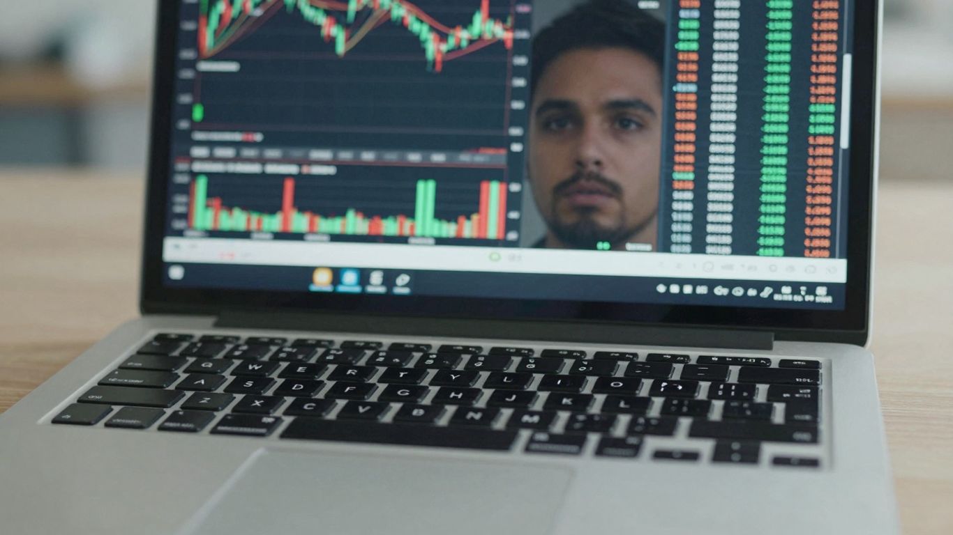 Laptop screen with financial data and user reflection.