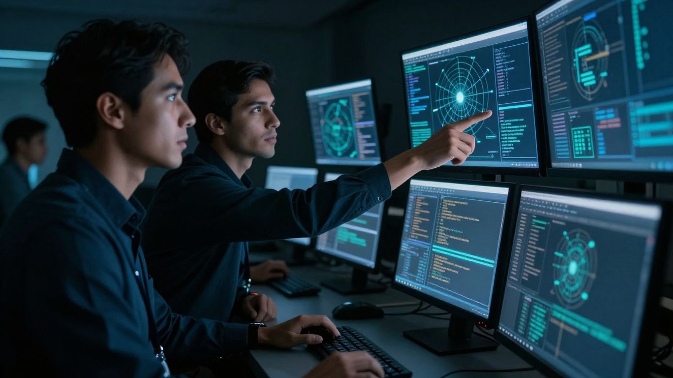 Cybersecurity team analyzing network data on screens.