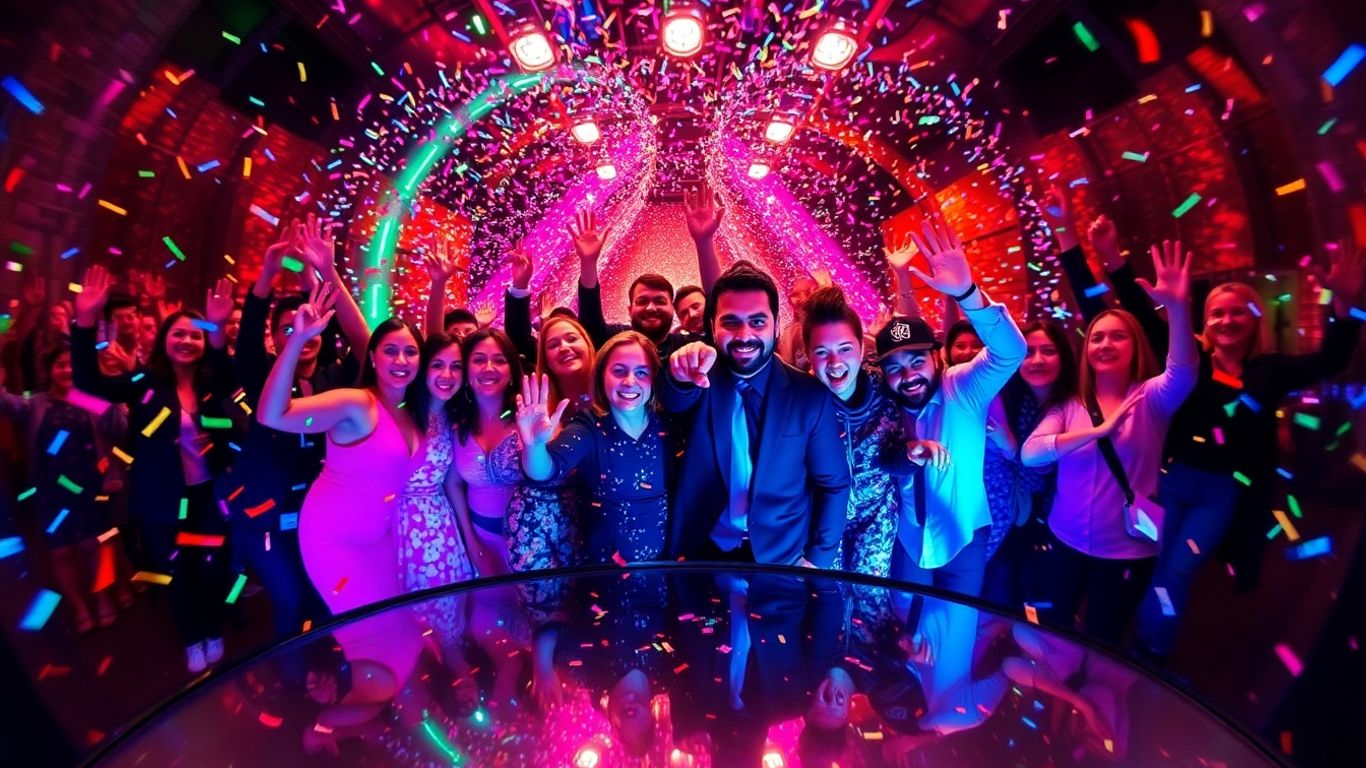 Cabine vidéo 360 avec invités dansant et lumières vives.