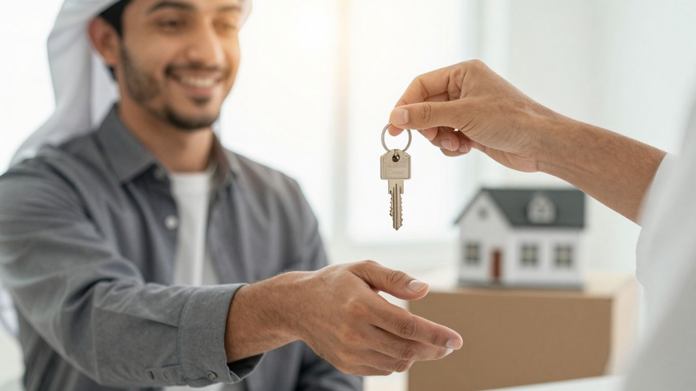 Person receiving keys and handshake, financial success.