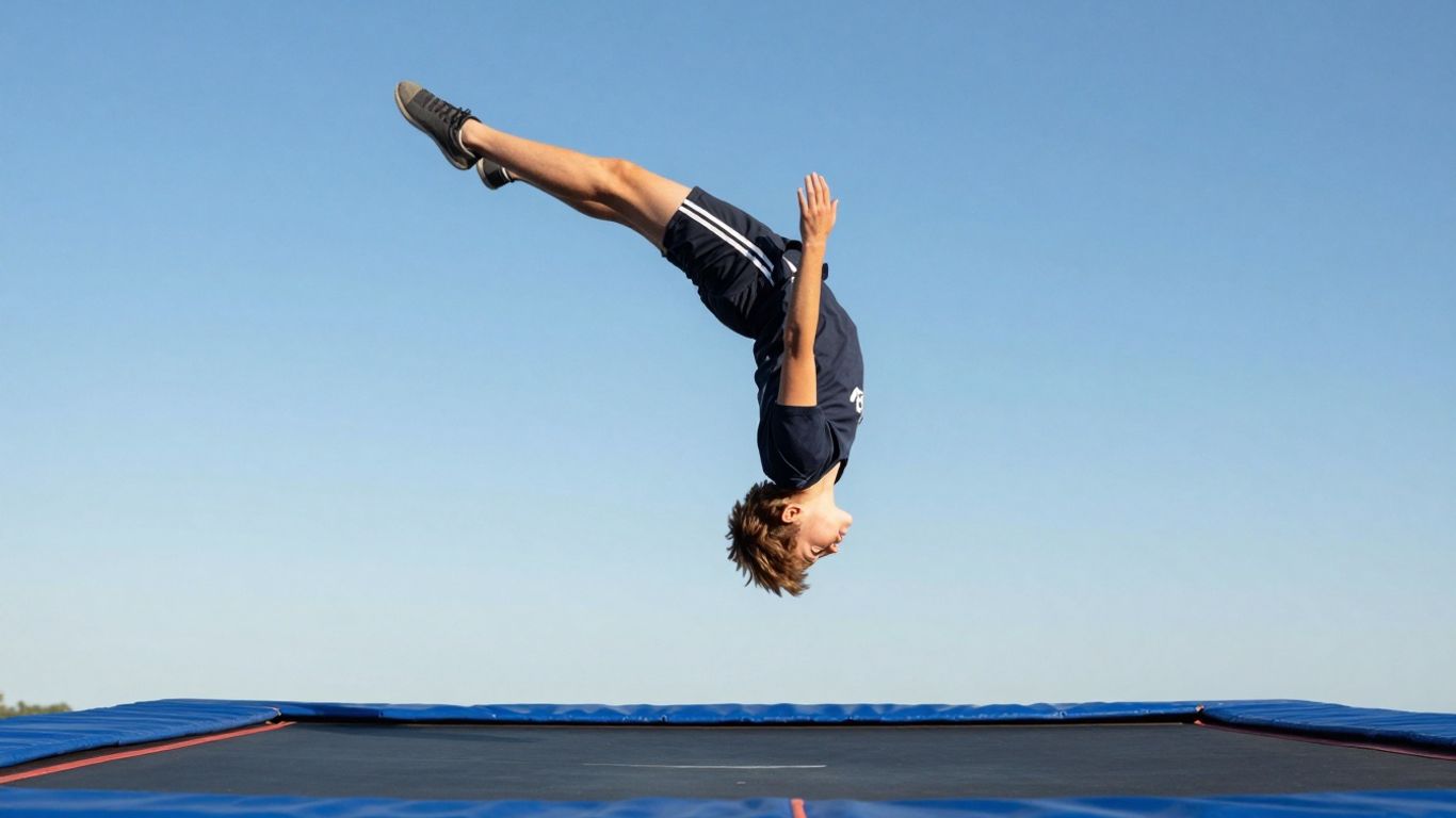Beginner performing a trampoline backflip in mid-air.