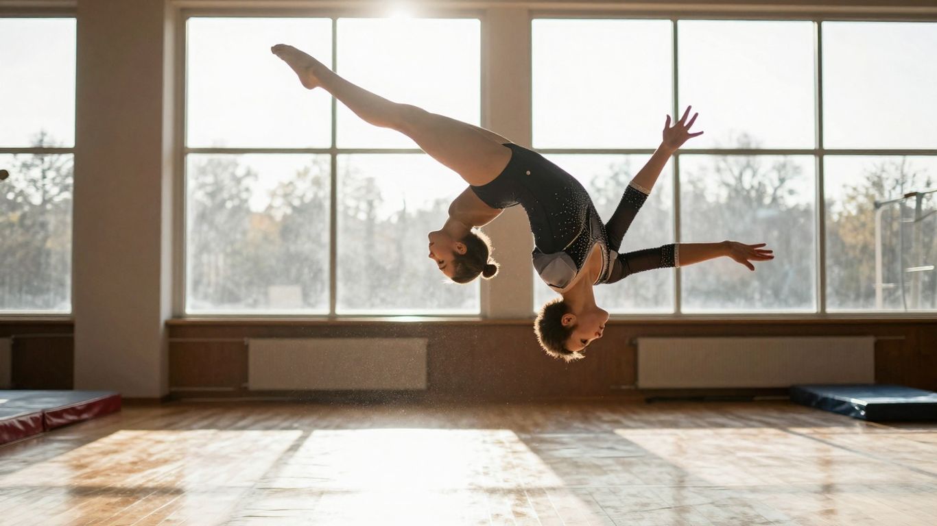 Gymnasts performing aerial feats in a bright, modern training facility.