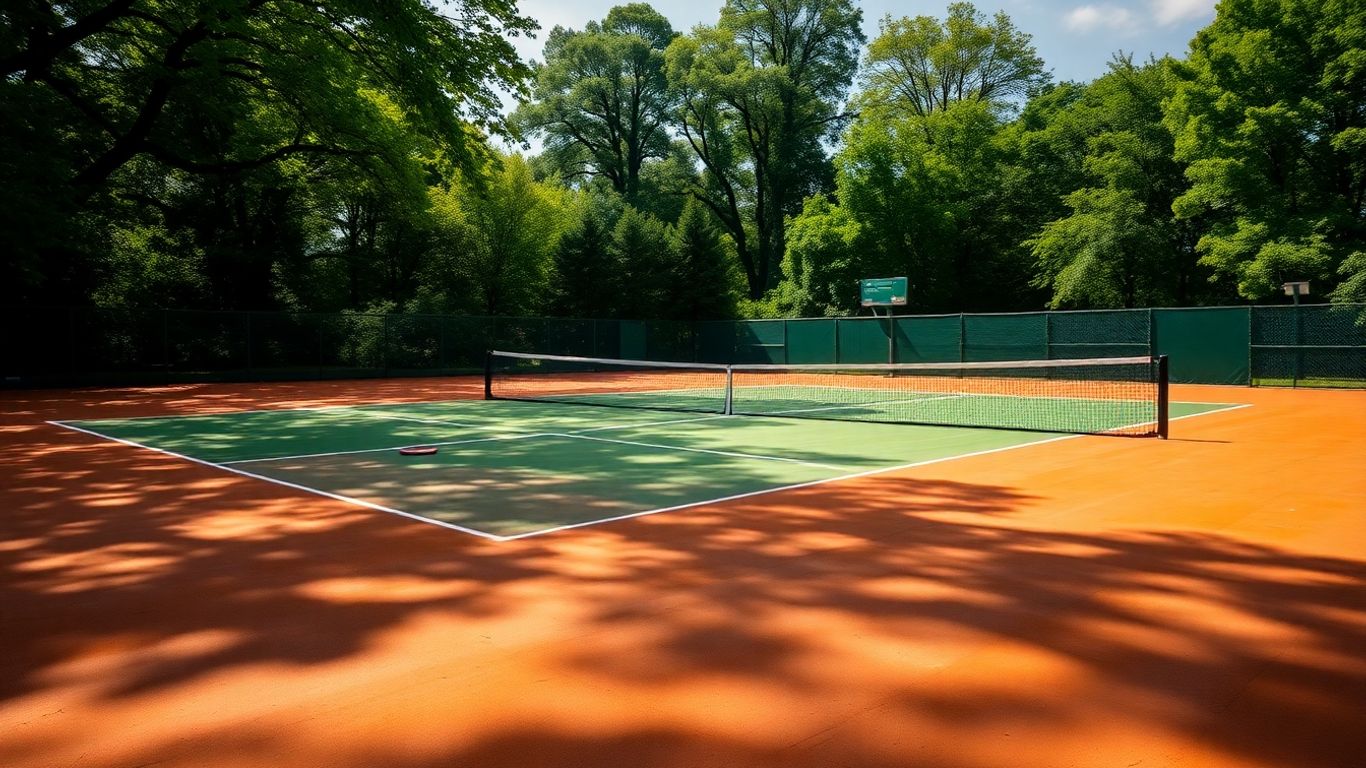 Central Park tennis court with rackets and nets.