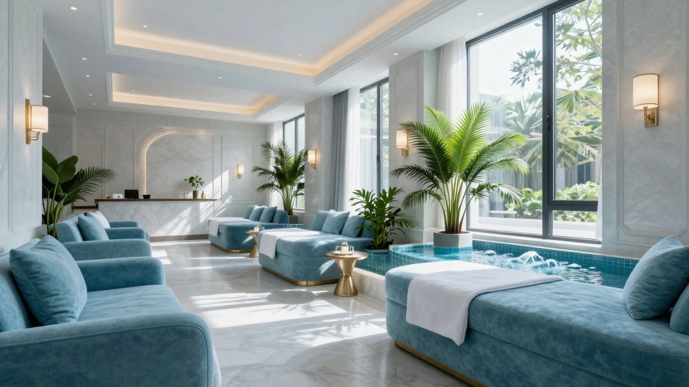 Serene spa interior with plush seating and natural light.