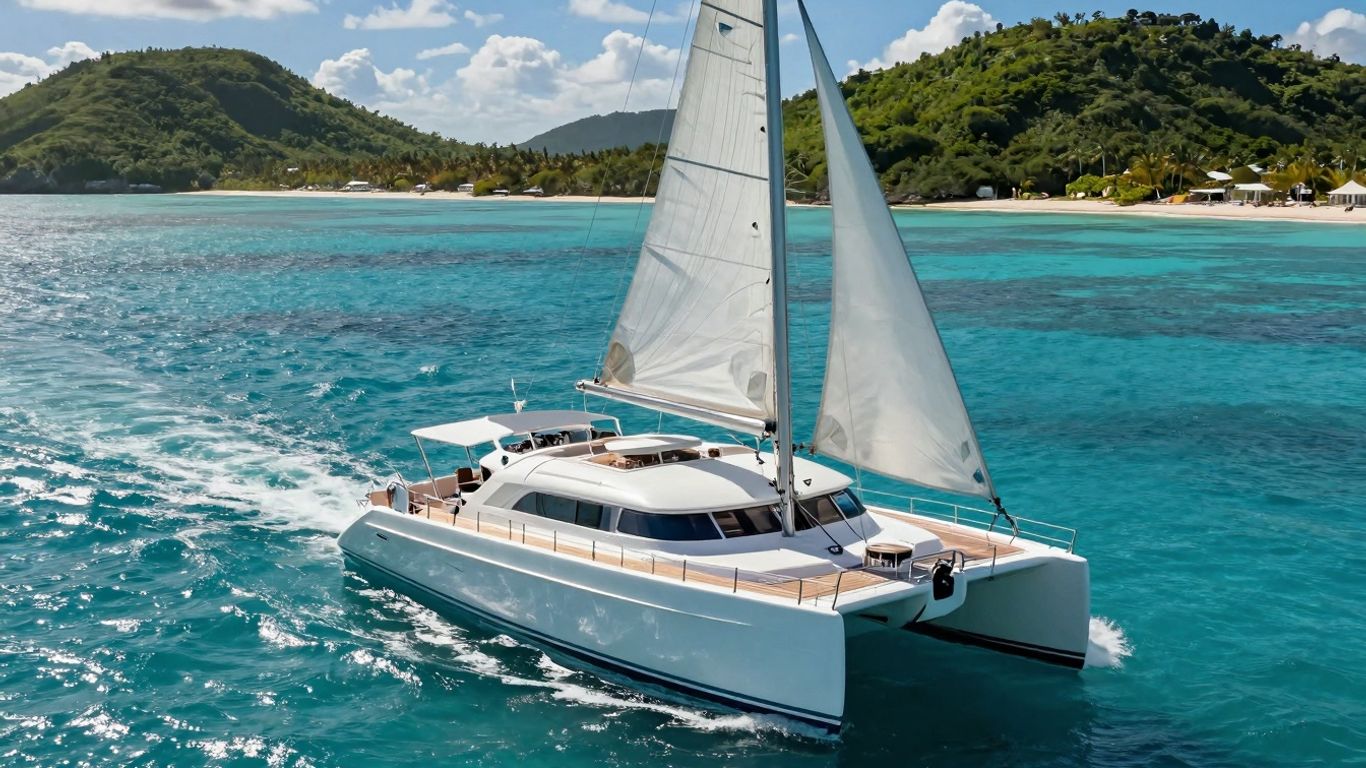 Luxury catamaran sailing in clear Caribbean waters.