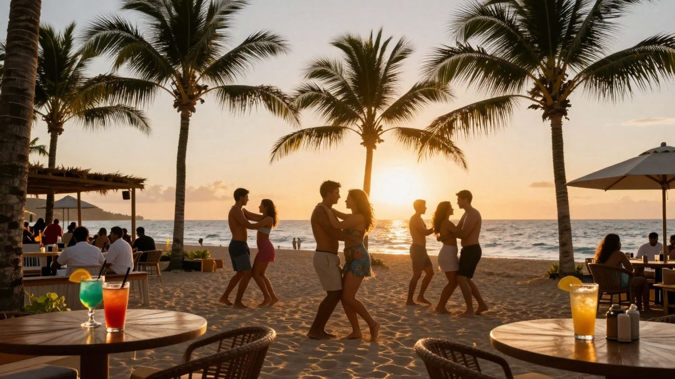 Mensen dansen salsa op het strand bij zonsondergang.