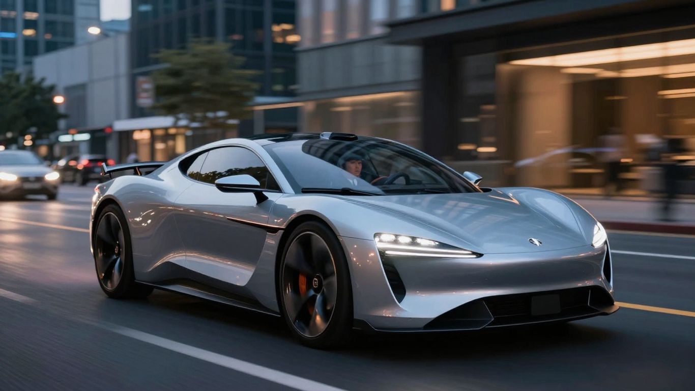 Electric supercar driving through a quiet city street.