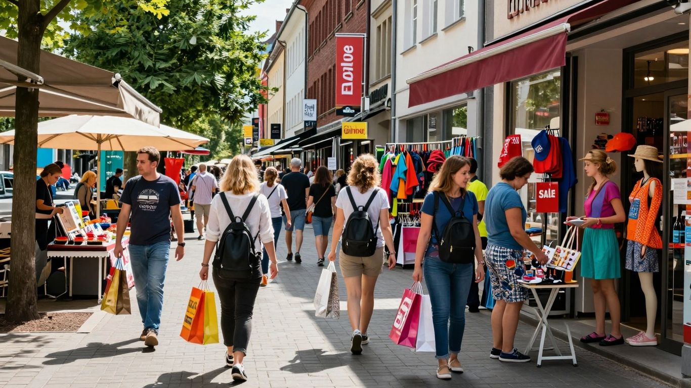 Rue commerçante allemande pendant un grand événement de soldes.