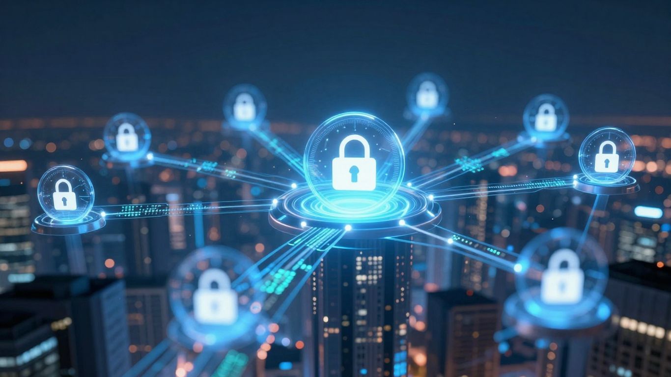 Blockchain and insurance icons in a futuristic cityscape.