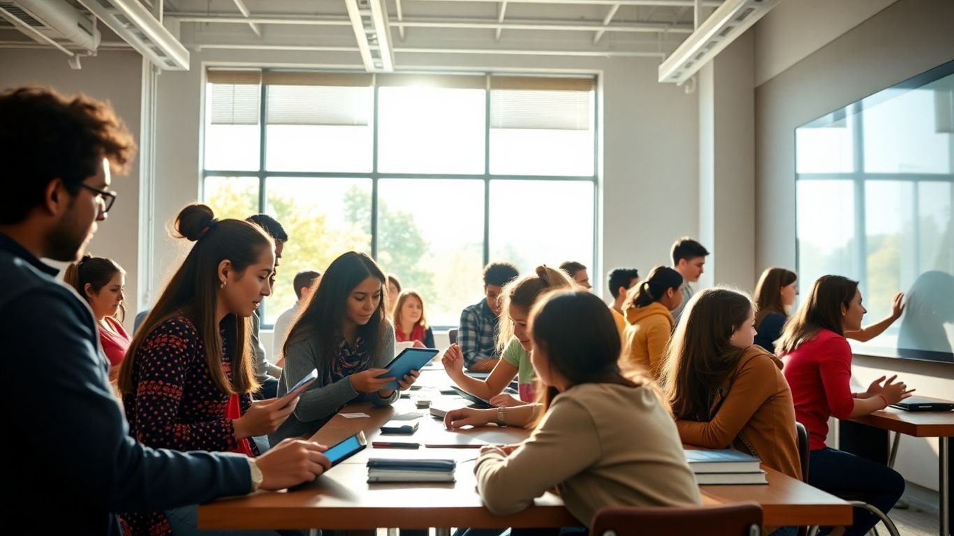 Students learning with technology in a bright classroom.
