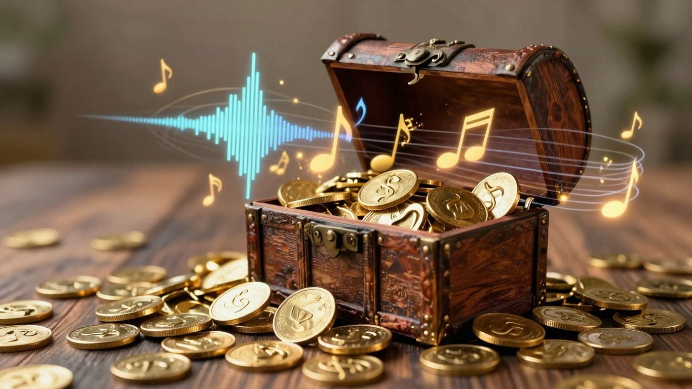 Treasure chest overflowing with musical notes and sound waves.