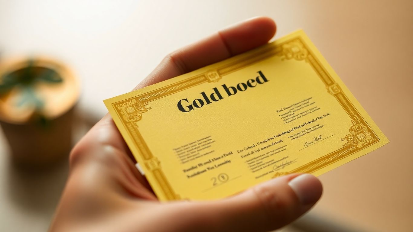 Close-up of a hand holding a gold bond certificate.