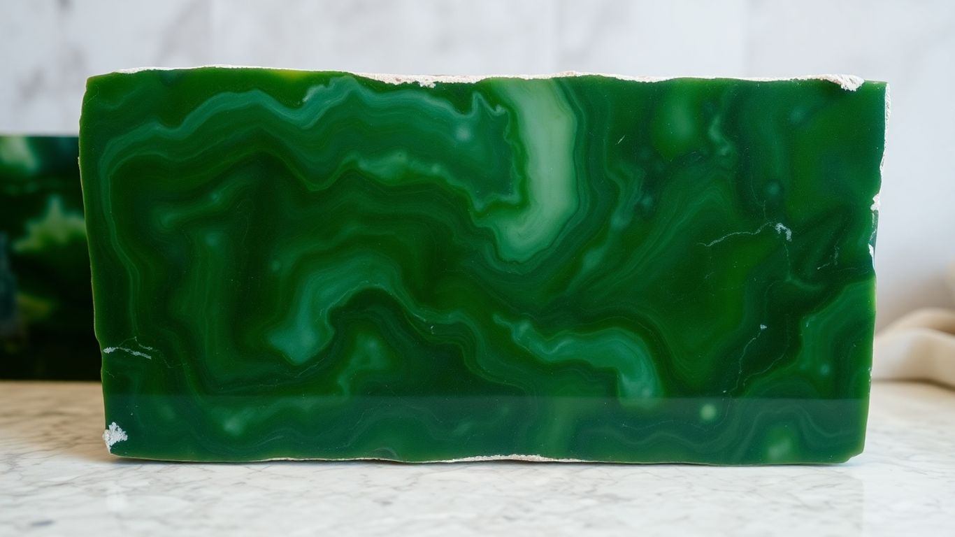 Polished green onyx slab with natural swirling patterns.