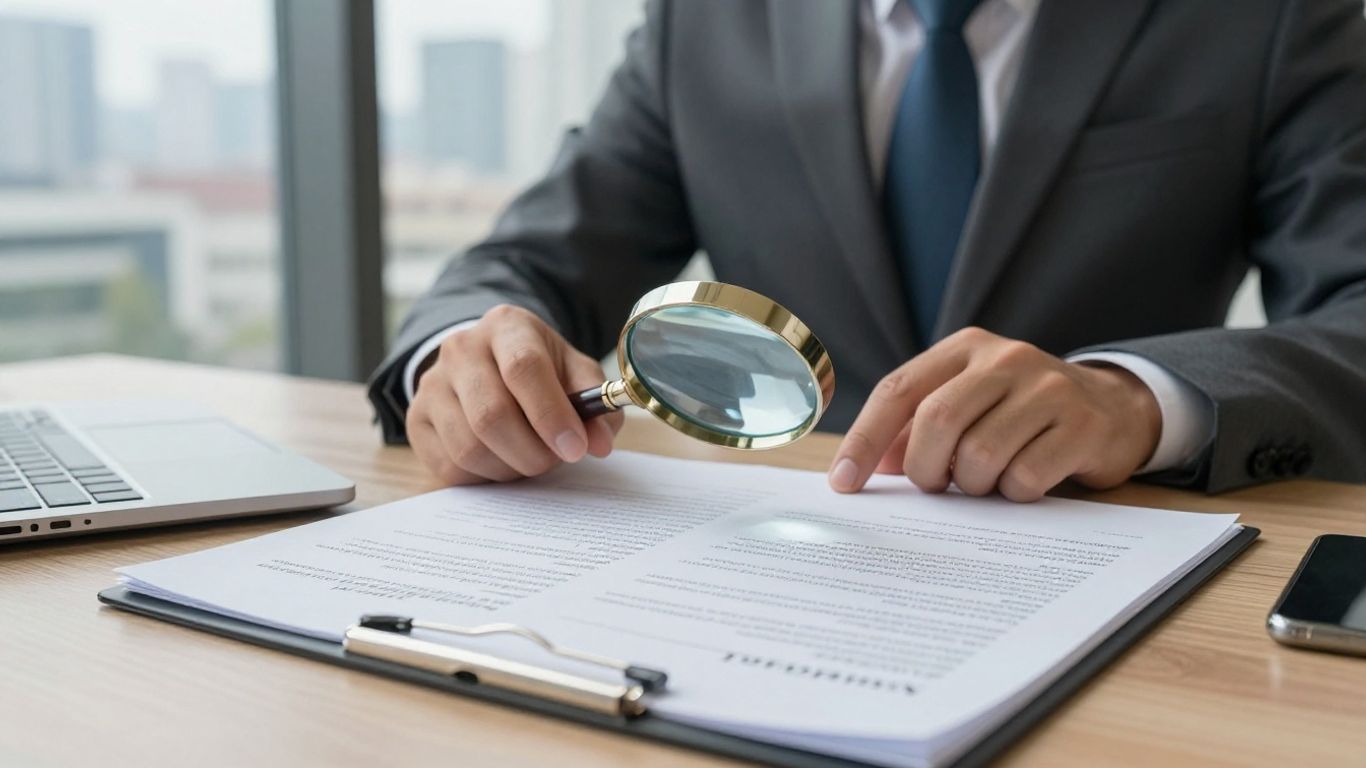 Professional reviewing contract with magnifying glass.