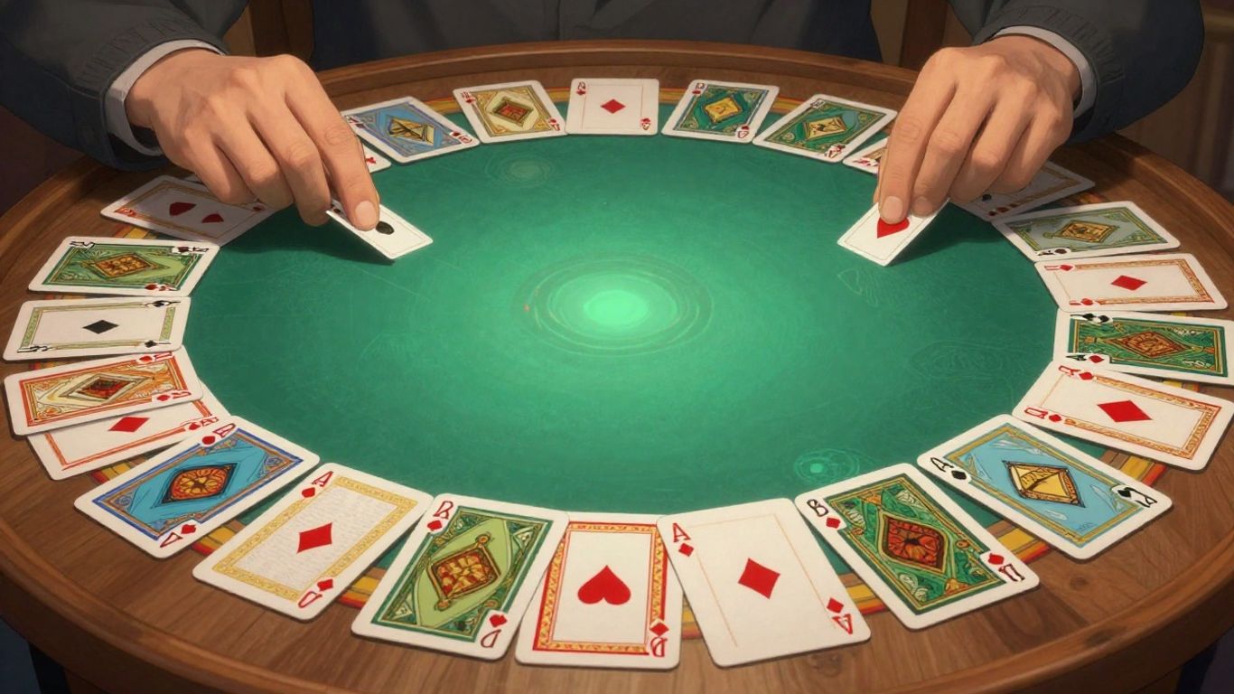 Classic solitaire game with fanned cards on a table.