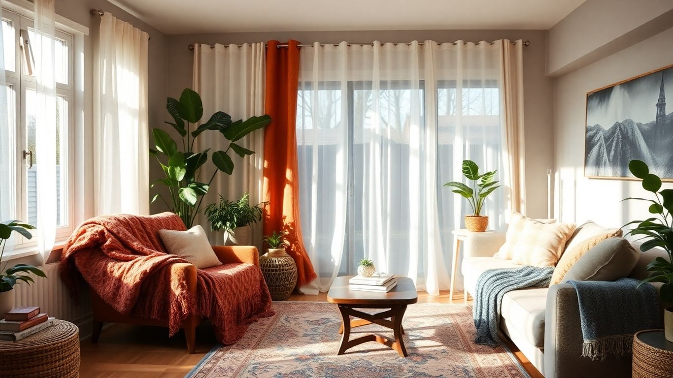 Colț relaxare cu textile colorate și lumină naturală în sufragerie
